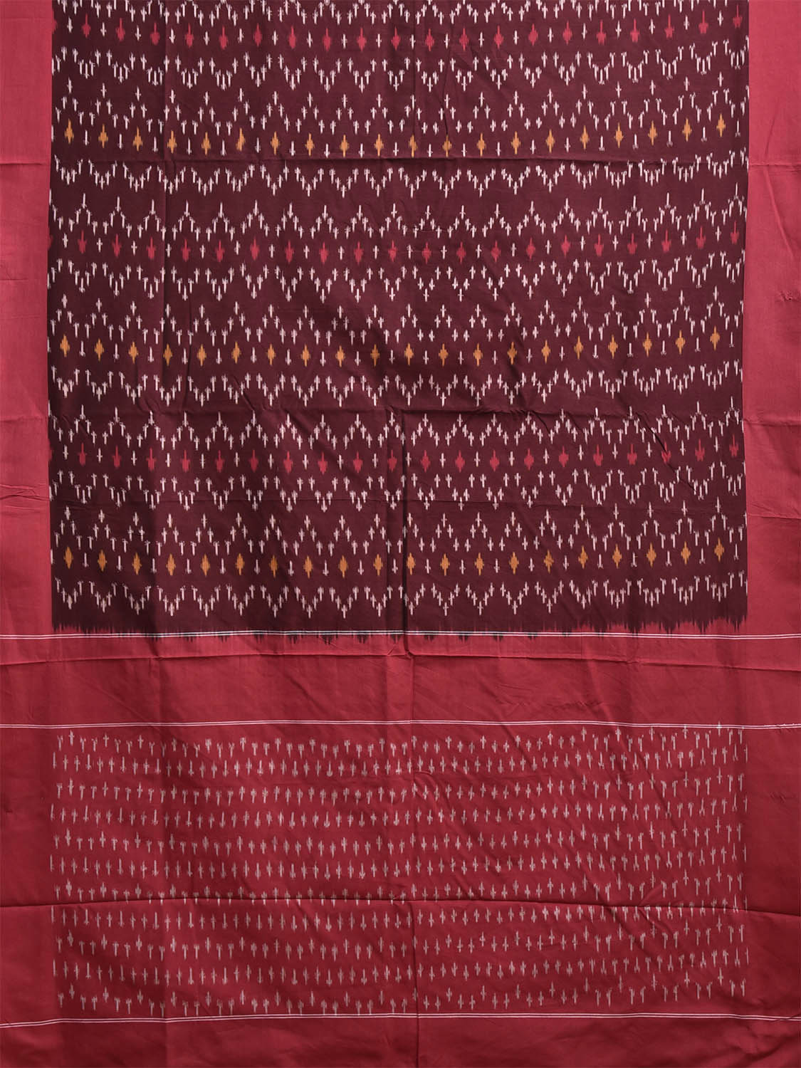 Brown and Red Pochampally Ikat Cotton Handloom Saree with All Over Design No Blouse i0956