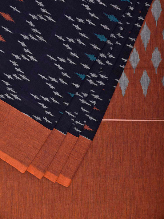 Navy and Mustard Pochampally Ikat Cotton Handloom Saree with All Over Design No Blouse i0957