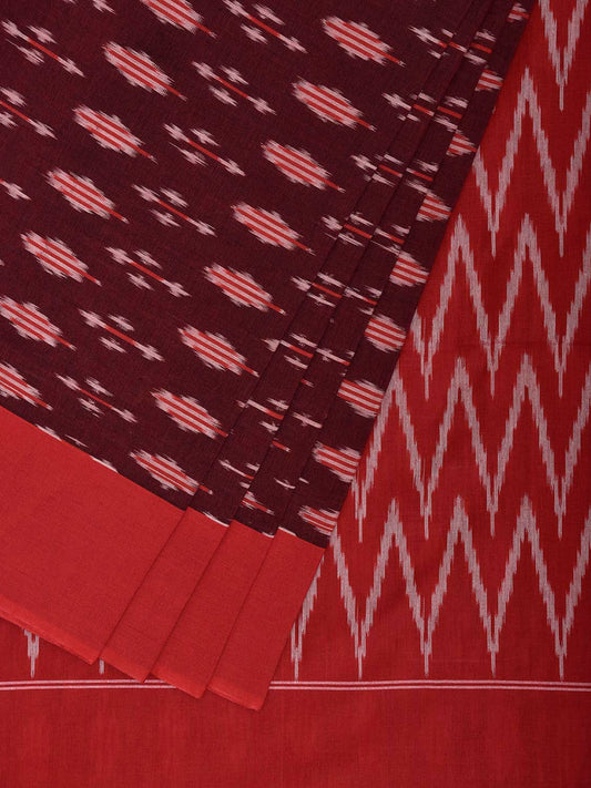 Maroon and Red Pochampally Ikat Cotton Handloom Saree with Zig-Zag Pallu Design No Blouse i0958