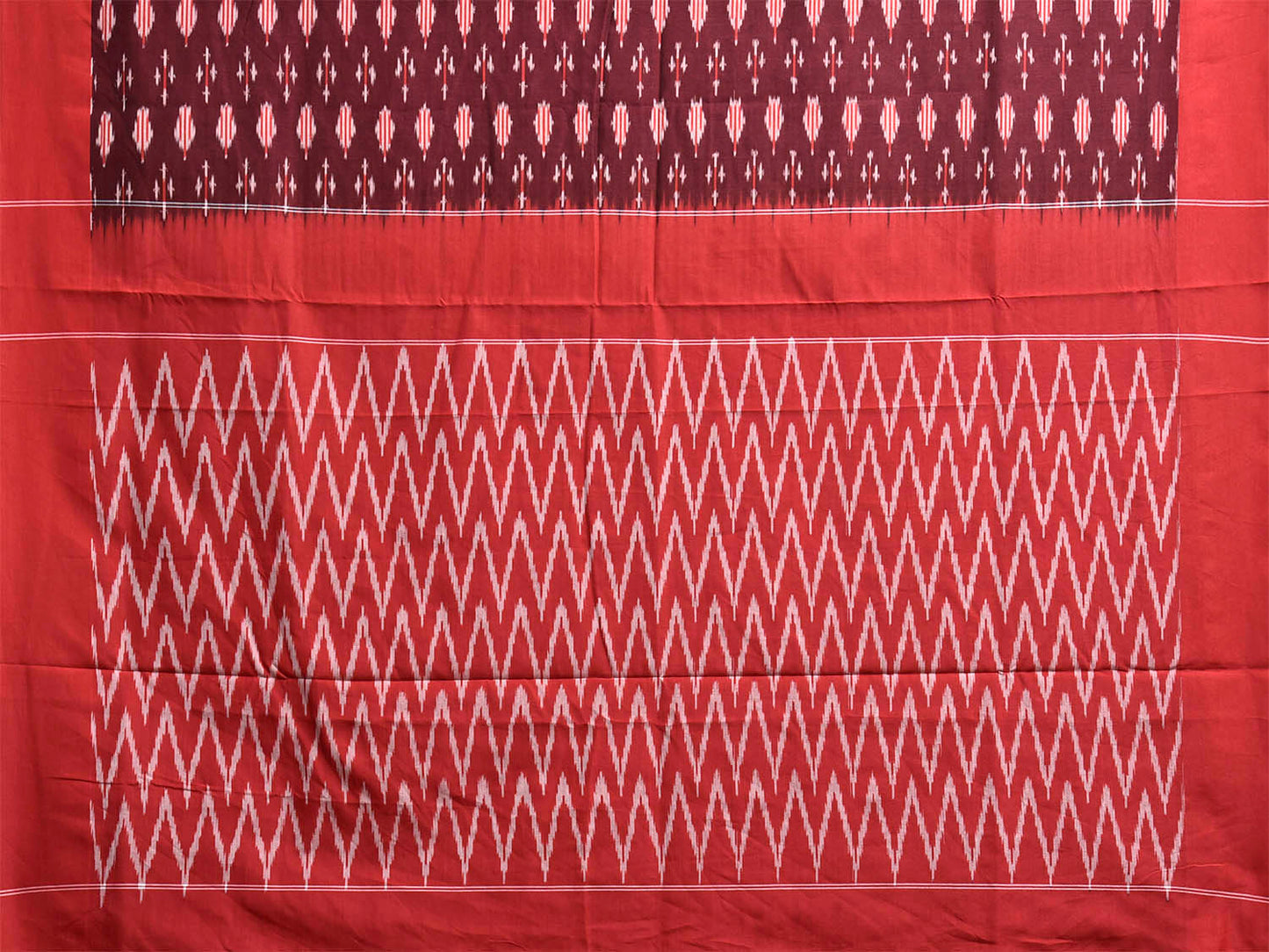 Maroon and Red Pochampally Ikat Cotton Handloom Saree with Zig-Zag Pallu Design No Blouse i0958