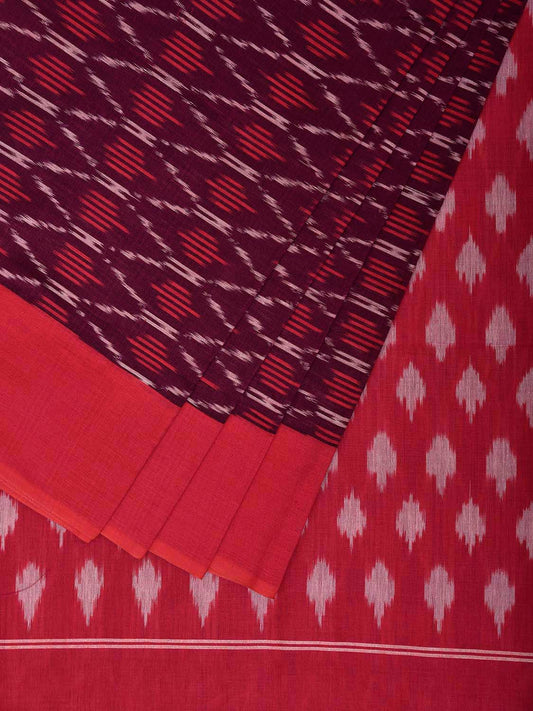 Wine and Red Pochampally Ikat Cotton Handloom Saree with Grill Design No Blouse i0961