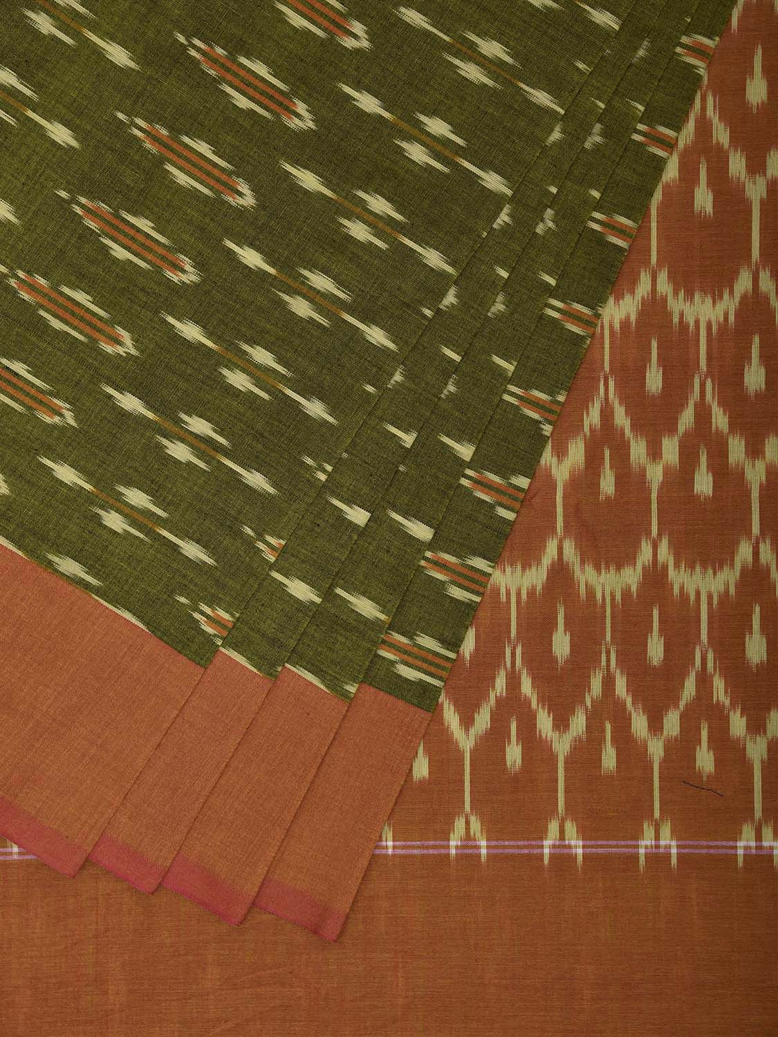 Green and Mustard Pochampally Ikat Cotton Handloom Saree with Grill Pallu Design No Blouse i0962