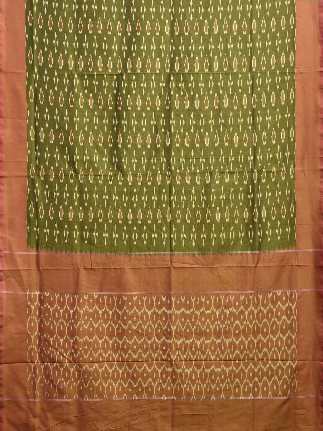 Green and Mustard Pochampally Ikat Cotton Handloom Saree with Grill Pallu Design No Blouse i0962
