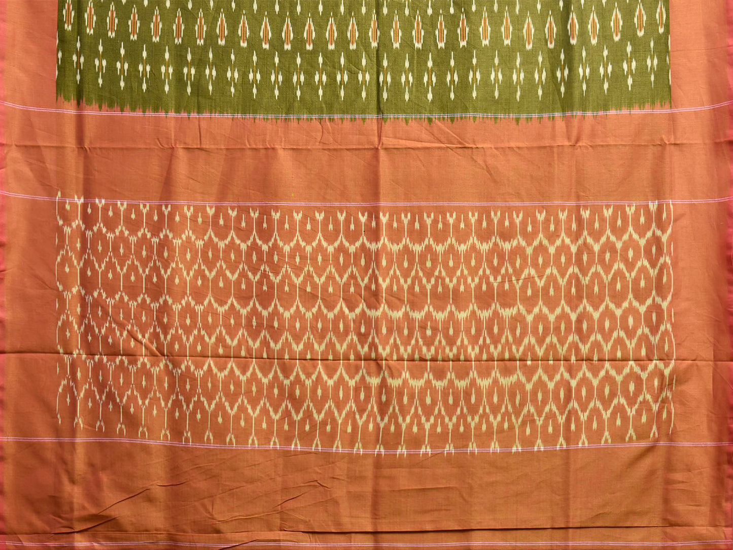Green and Mustard Pochampally Ikat Cotton Handloom Saree with Grill Pallu Design No Blouse i0962