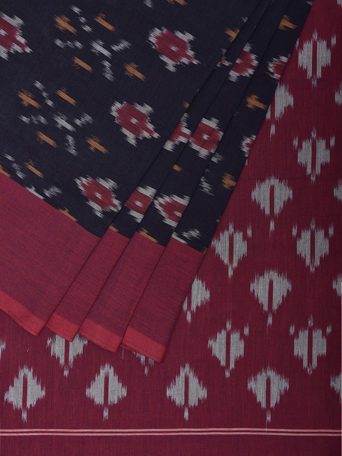 Navy and Dark Red Pochampally Ikat Cotton Handloom Saree with Body Buta Design No Blouse i0963