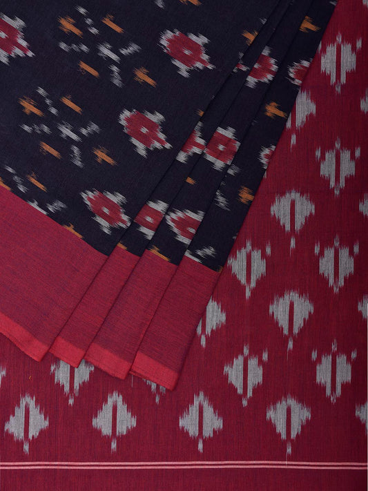 Navy and Dark Red Pochampally Ikat Cotton Handloom Saree with Body Buta Design No Blouse i0963