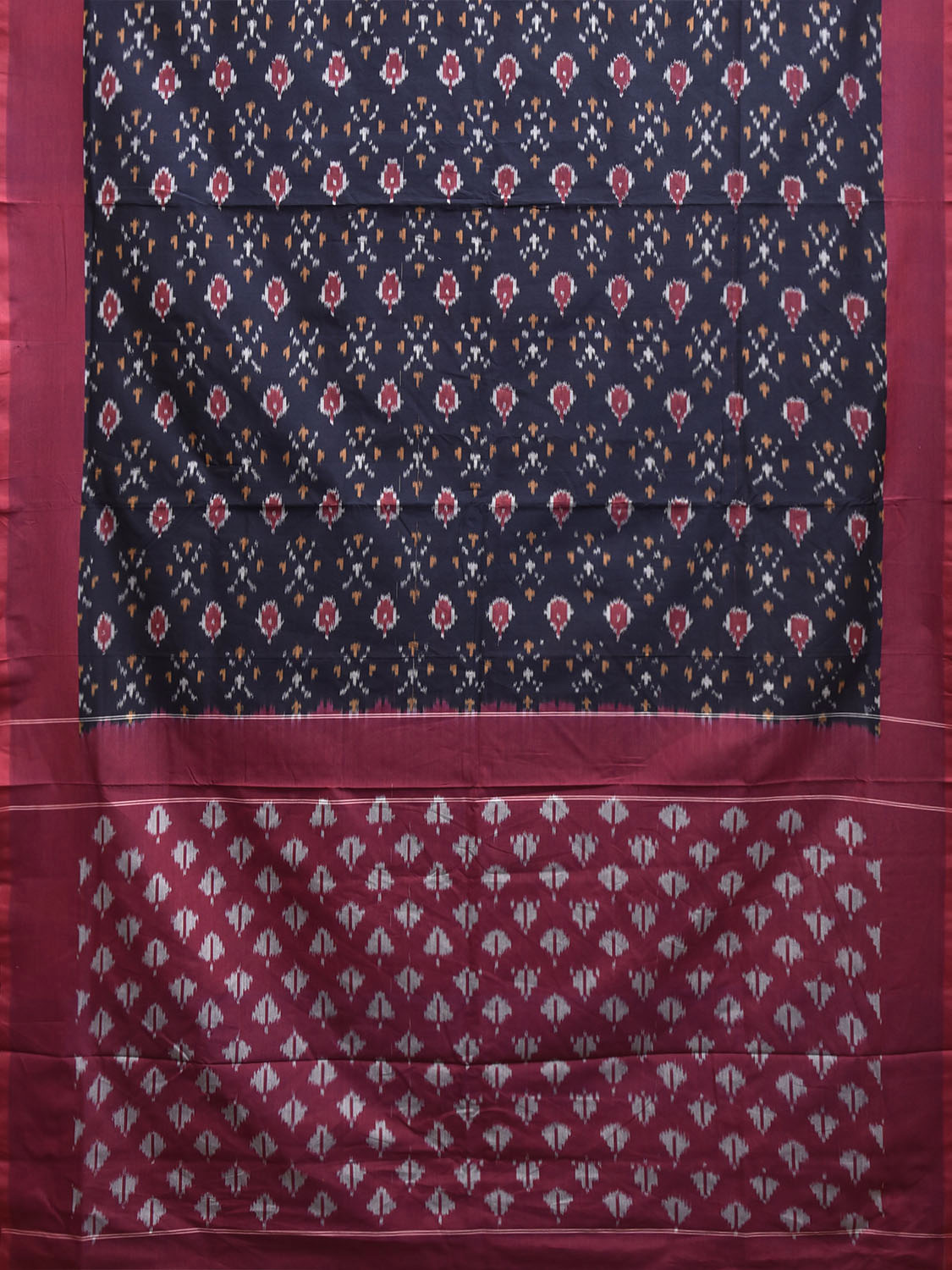 Navy and Dark Red Pochampally Ikat Cotton Handloom Saree with Body Buta Design No Blouse i0963