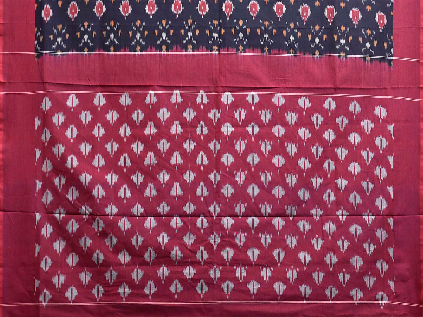 Navy and Dark Red Pochampally Ikat Cotton Handloom Saree with Body Buta Design No Blouse i0963
