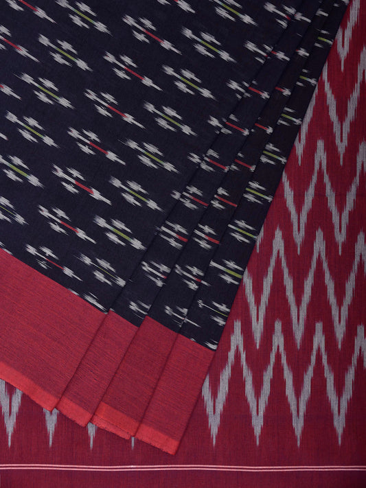 Navy and Dark Red Pochampally Ikat Cotton Handloom Saree with Zig-Zag Pallu Design No Blouse i0965