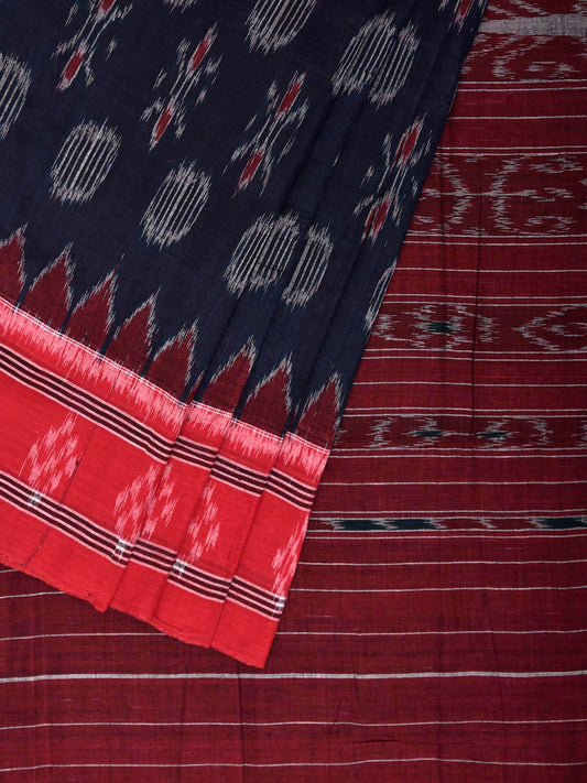 Navy and Red Pochampally Ikat Cotton Handloom Saree with Buta and Pallu Design No Blouse i0970