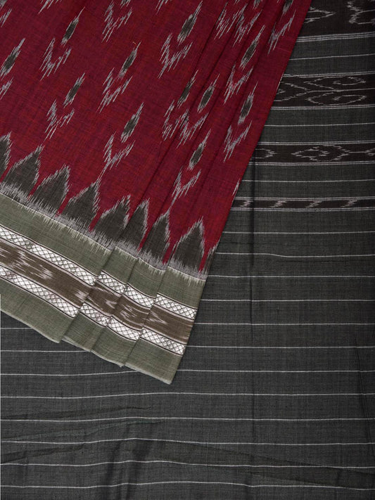 Dark Red and Grey Pochampally Ikat Cotton Handloom Saree with Buta and Pallu Design No Blouse i0971