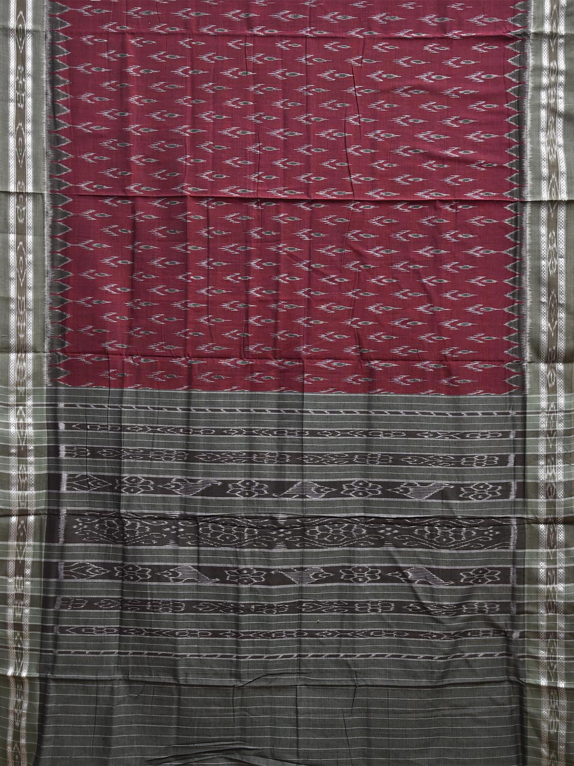 Dark Red and Grey Pochampally Ikat Cotton Handloom Saree with Buta and Pallu Design No Blouse i0971