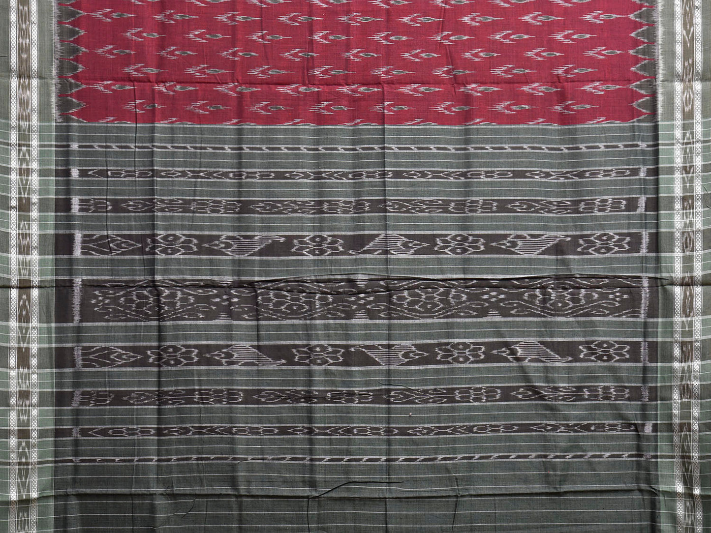 Dark Red and Grey Pochampally Ikat Cotton Handloom Saree with Buta and Pallu Design No Blouse i0971