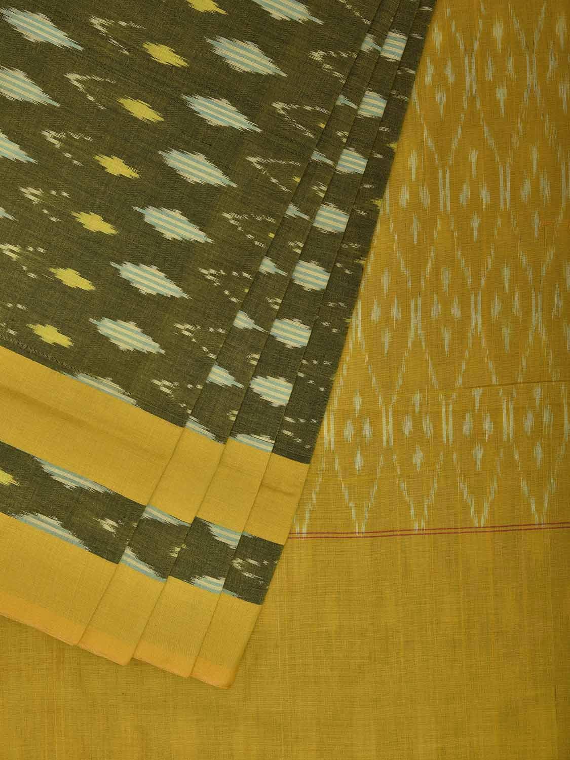 Green and Yellow Pochampally Ikat Cotton Handloom Saree with Grill Pallu Design No Blouse i0983
