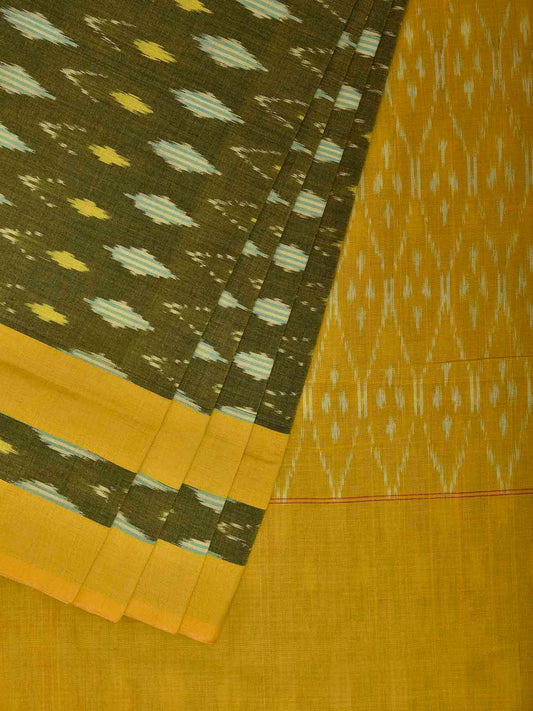 Green and Yellow Pochampally Ikat Cotton Handloom Saree with Grill Pallu Design No Blouse i0983