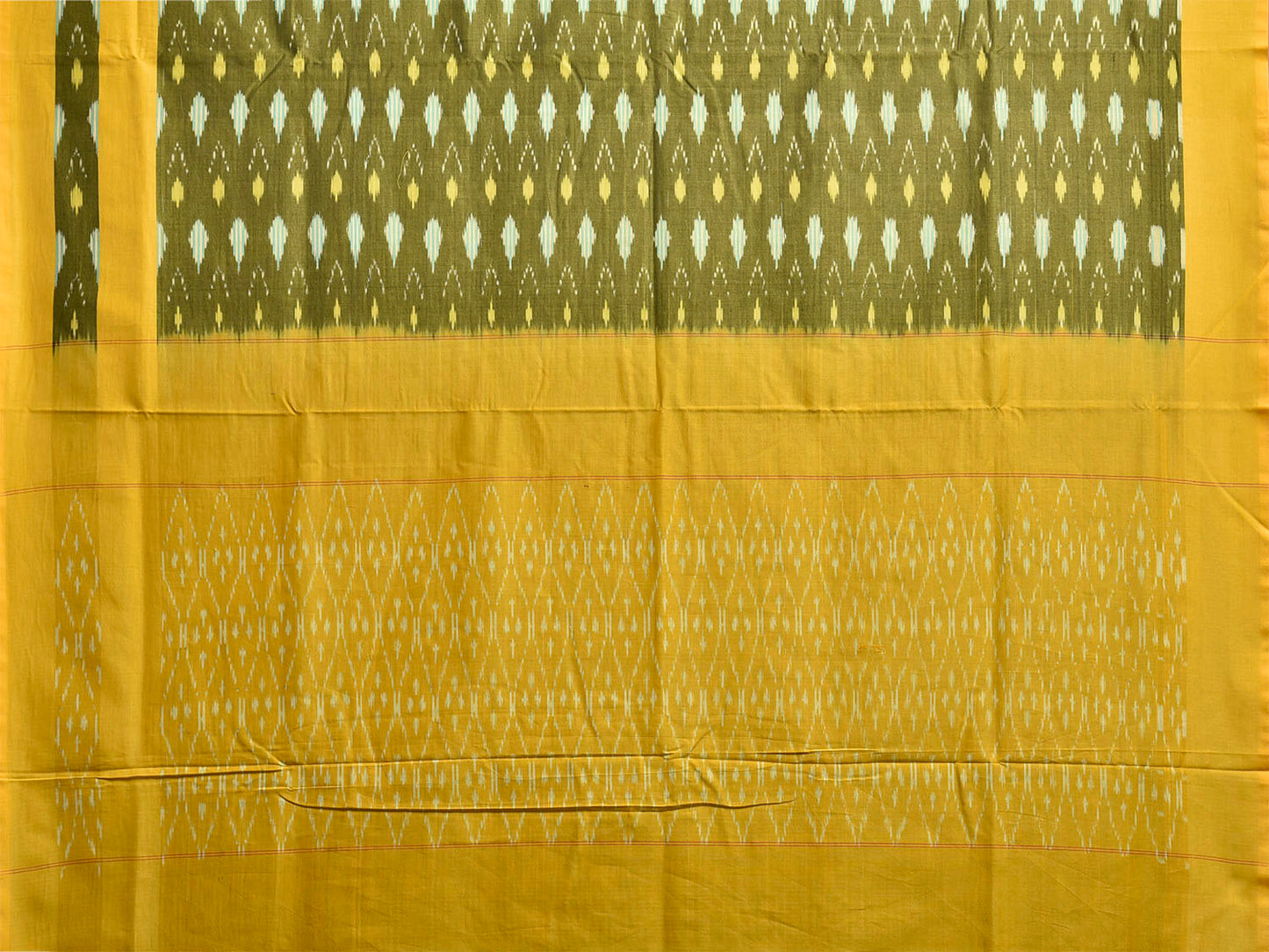 Green and Yellow Pochampally Ikat Cotton Handloom Saree with Grill Pallu Design No Blouse i0983