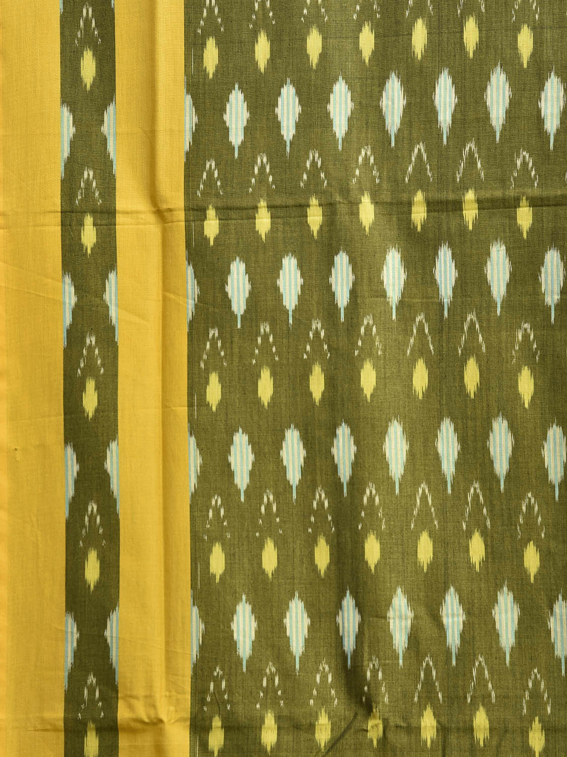 Green and Yellow Pochampally Ikat Cotton Handloom Saree with Grill Pallu Design No Blouse i0983