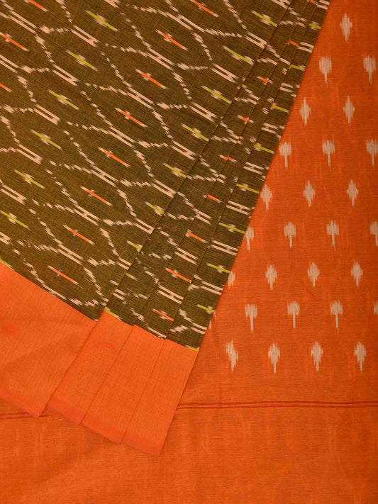 Olive and Orange Pochampally Ikat Cotton Handloom Saree with Grill Body Design No Blouse i0985