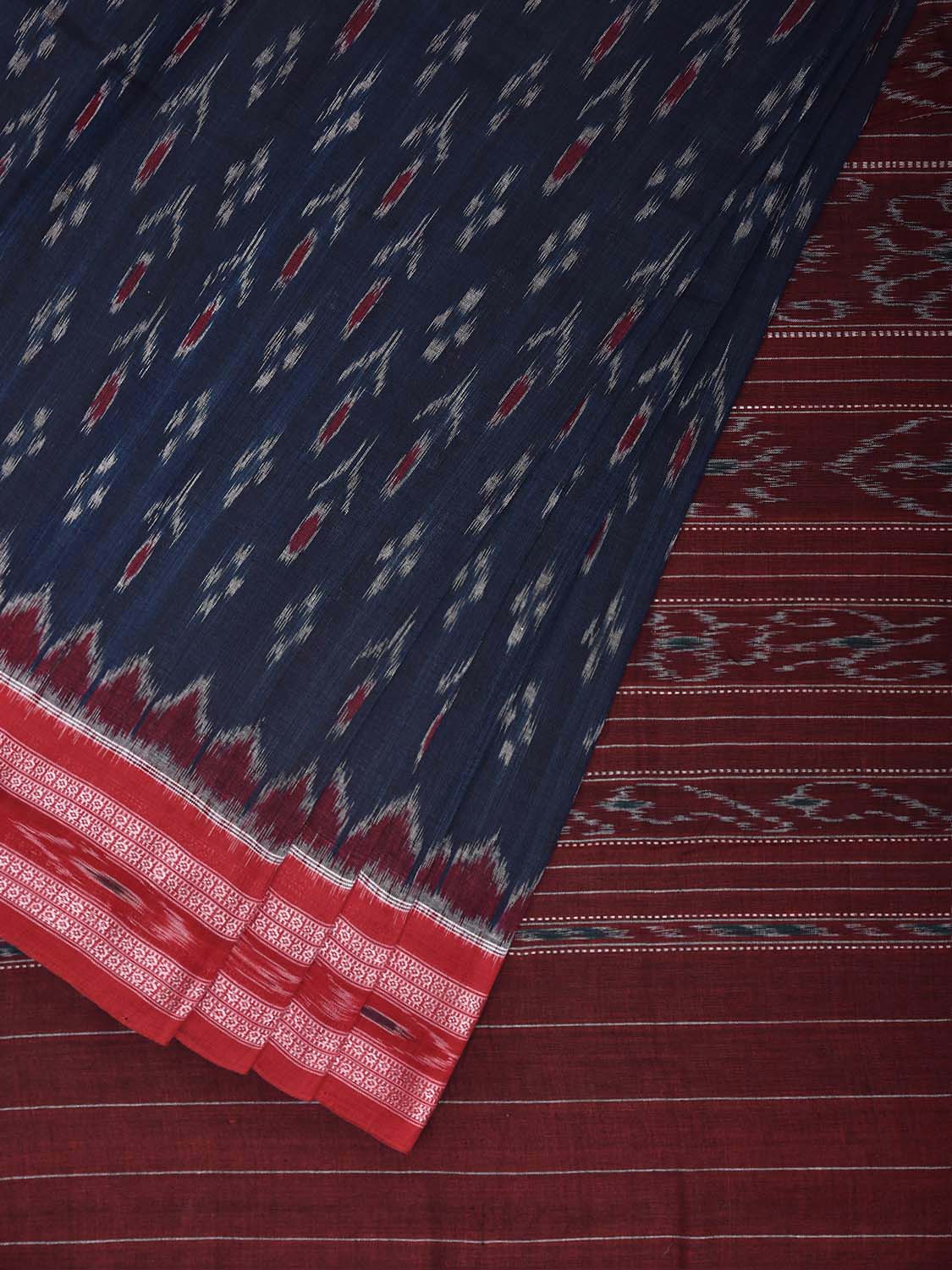 Navy and Maroon Ikat Cotton Saree with Body Buta and Pallu Design No Blouse i0993