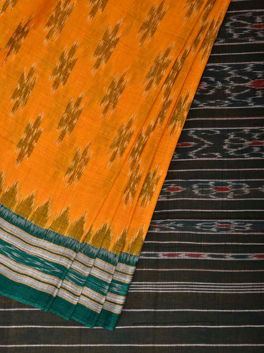 Yellow and Green Ikat Cotton Saree with Body Buta and Pallu Design No Blouse i0994