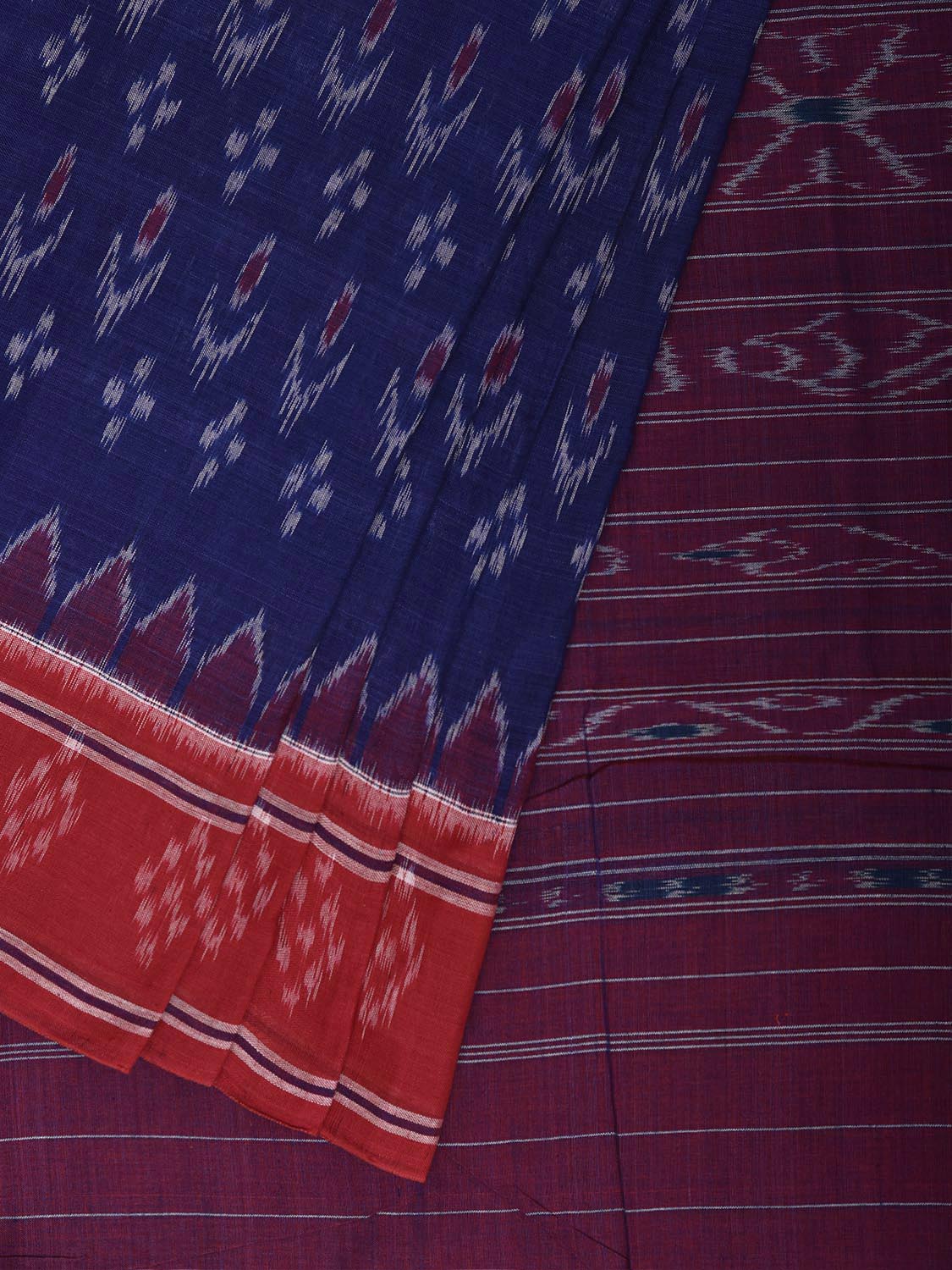 Blue and Red Pochampally Ikat Cotton Handloom Saree with Body Buta and Pallu Design No Blouse i1000