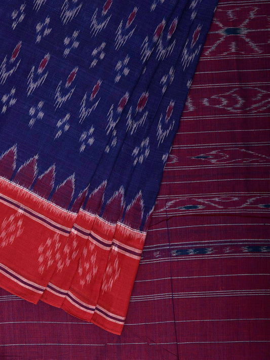 Blue and Red Pochampally Ikat Cotton Handloom Saree with Body Buta and Pallu Design No Blouse i1000