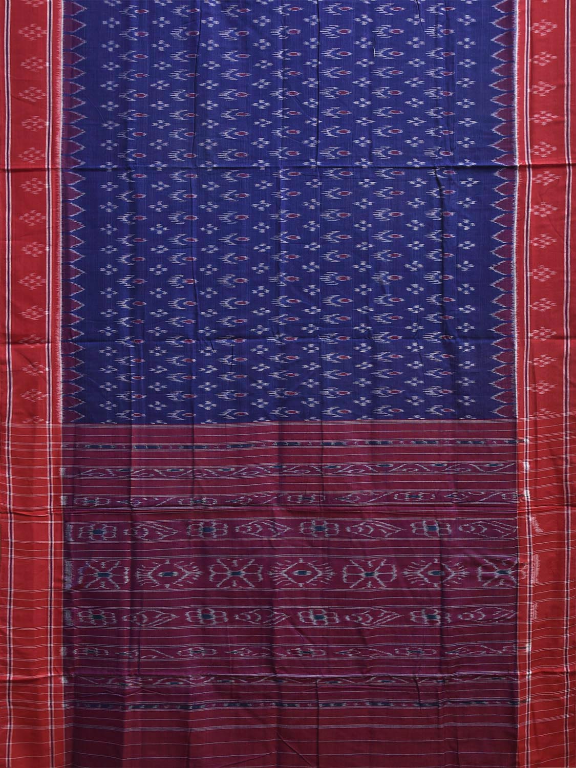 Blue and Red Pochampally Ikat Cotton Handloom Saree with Body Buta and Pallu Design No Blouse i1000