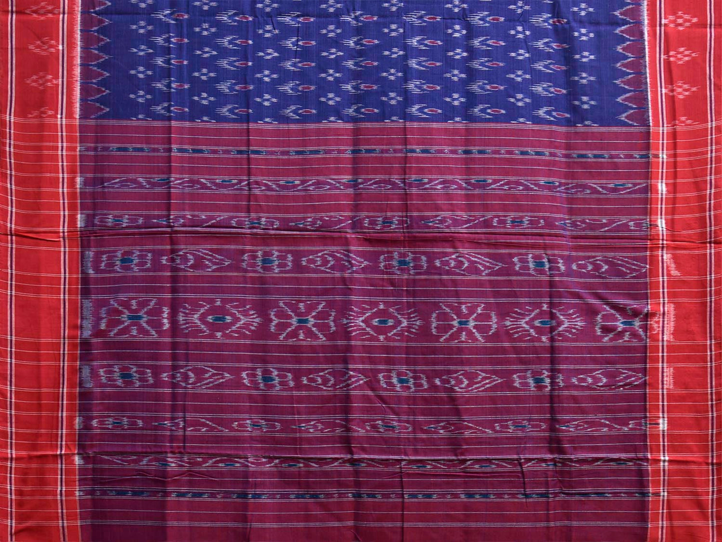 Blue and Red Pochampally Ikat Cotton Handloom Saree with Body Buta and Pallu Design No Blouse i1000