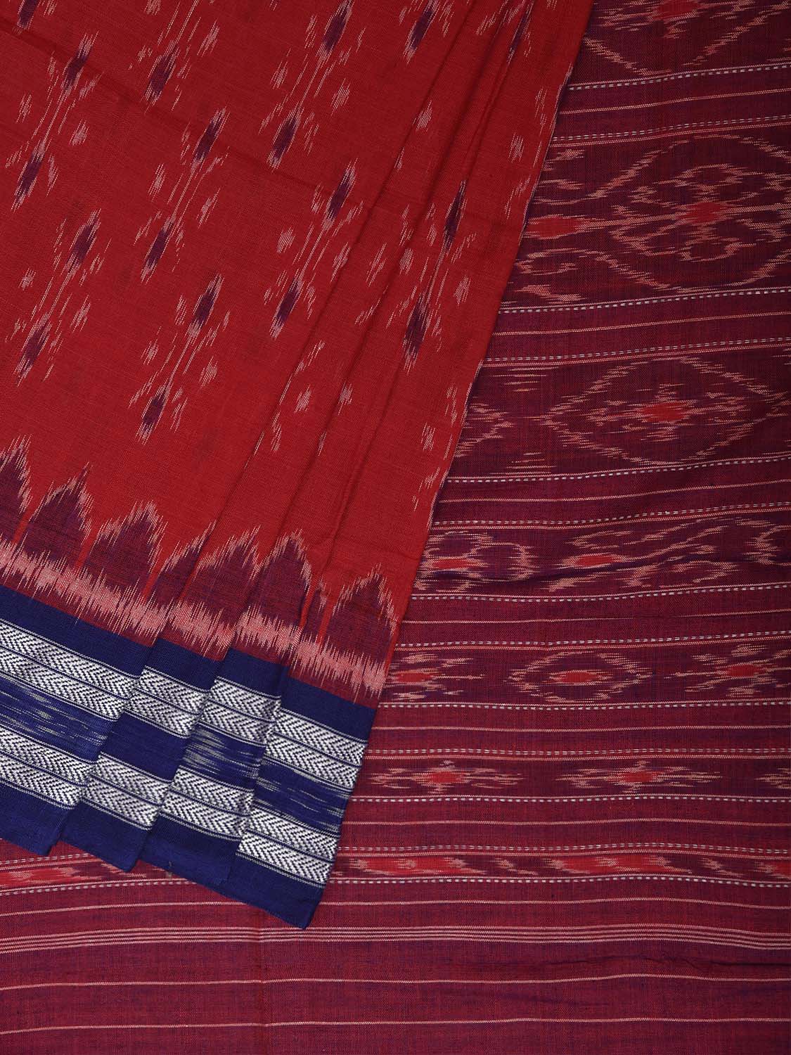 Red and Blue Pochampally Ikat Cotton Handloom Saree with Body Buta and Pallu Design No Blouse i1001