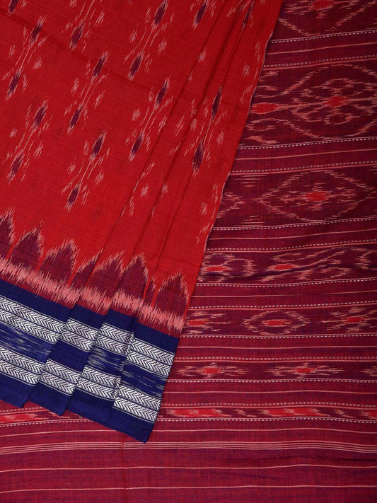 Red and Blue Pochampally Ikat Cotton Handloom Saree with Body Buta and Pallu Design No Blouse i1001