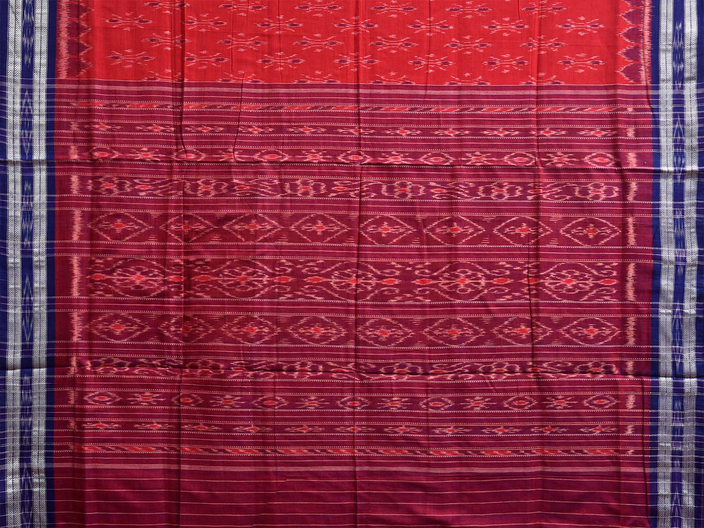 Red and Blue Pochampally Ikat Cotton Handloom Saree with Body Buta and Pallu Design No Blouse i1001