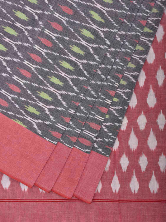 Grey and Light Pink Pochampally Ikat Cotton Handloom Saree with All Over Grill Design No Blouse i1002