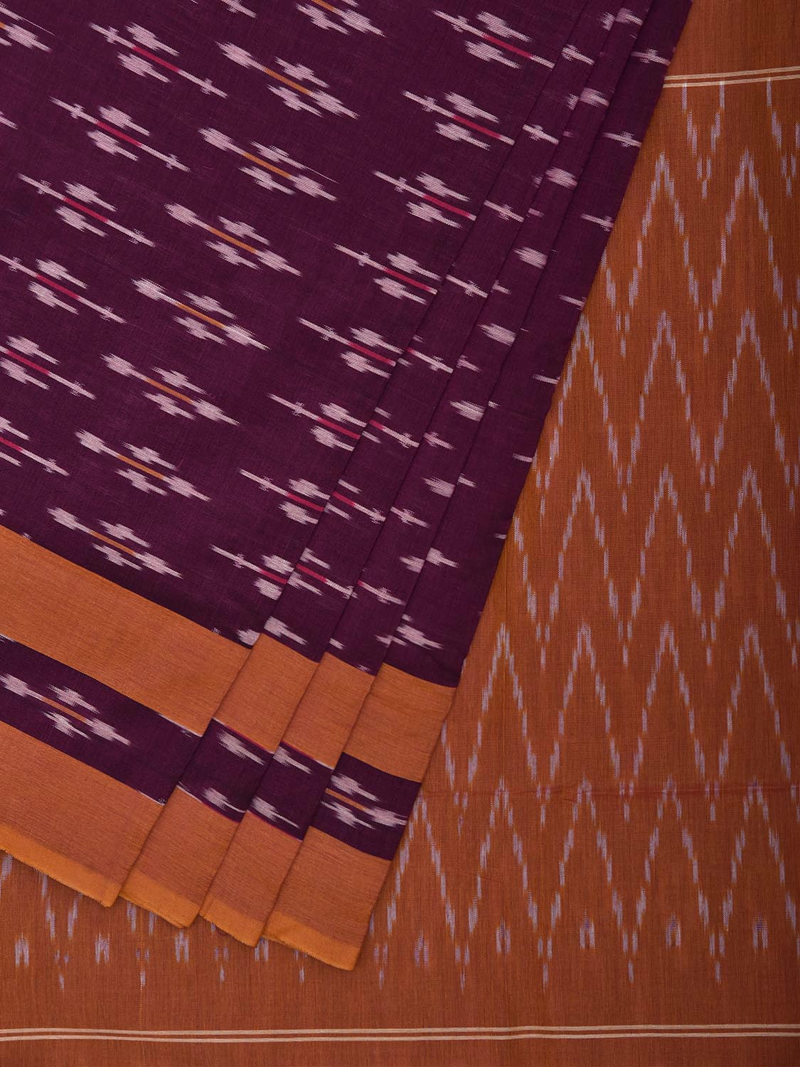 Wine and Orange Pochampally Ikat Cotton Handloom Saree with All Over and Zig-Zag Pallu Design No Blouse i1005