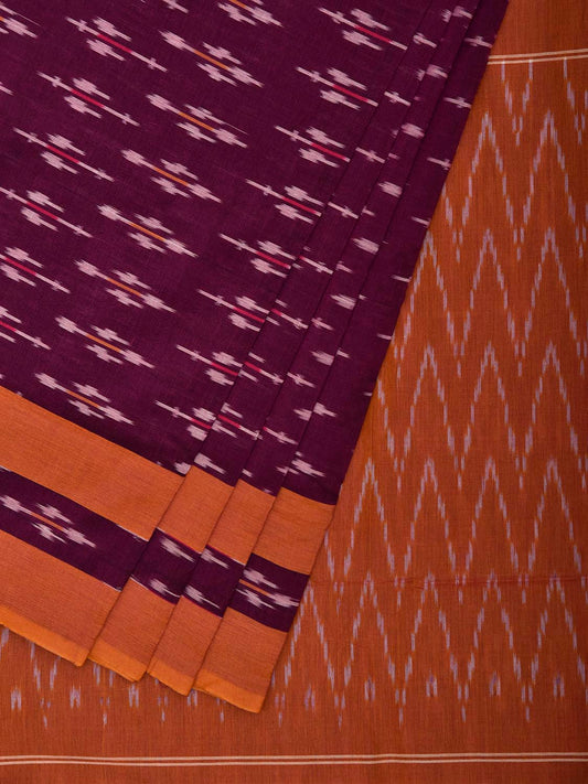 Wine and Orange Pochampally Ikat Cotton Handloom Saree with All Over and Zig-Zag Pallu Design No Blouse i1005