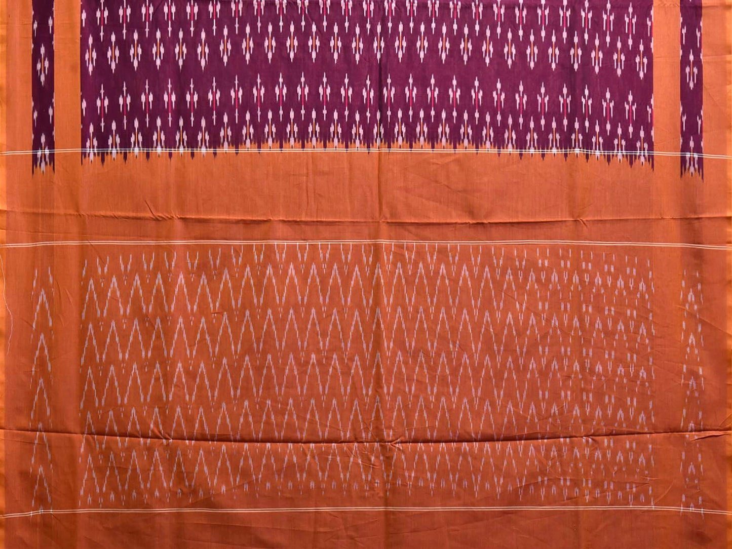 Wine and Orange Pochampally Ikat Cotton Handloom Saree with All Over and Zig-Zag Pallu Design No Blouse i1005