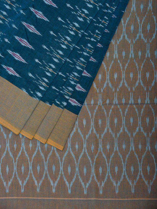 Teal Pochampally Ikat Cotton Handloom Saree with All Over and Grill Pallu Design No Blouse i1006