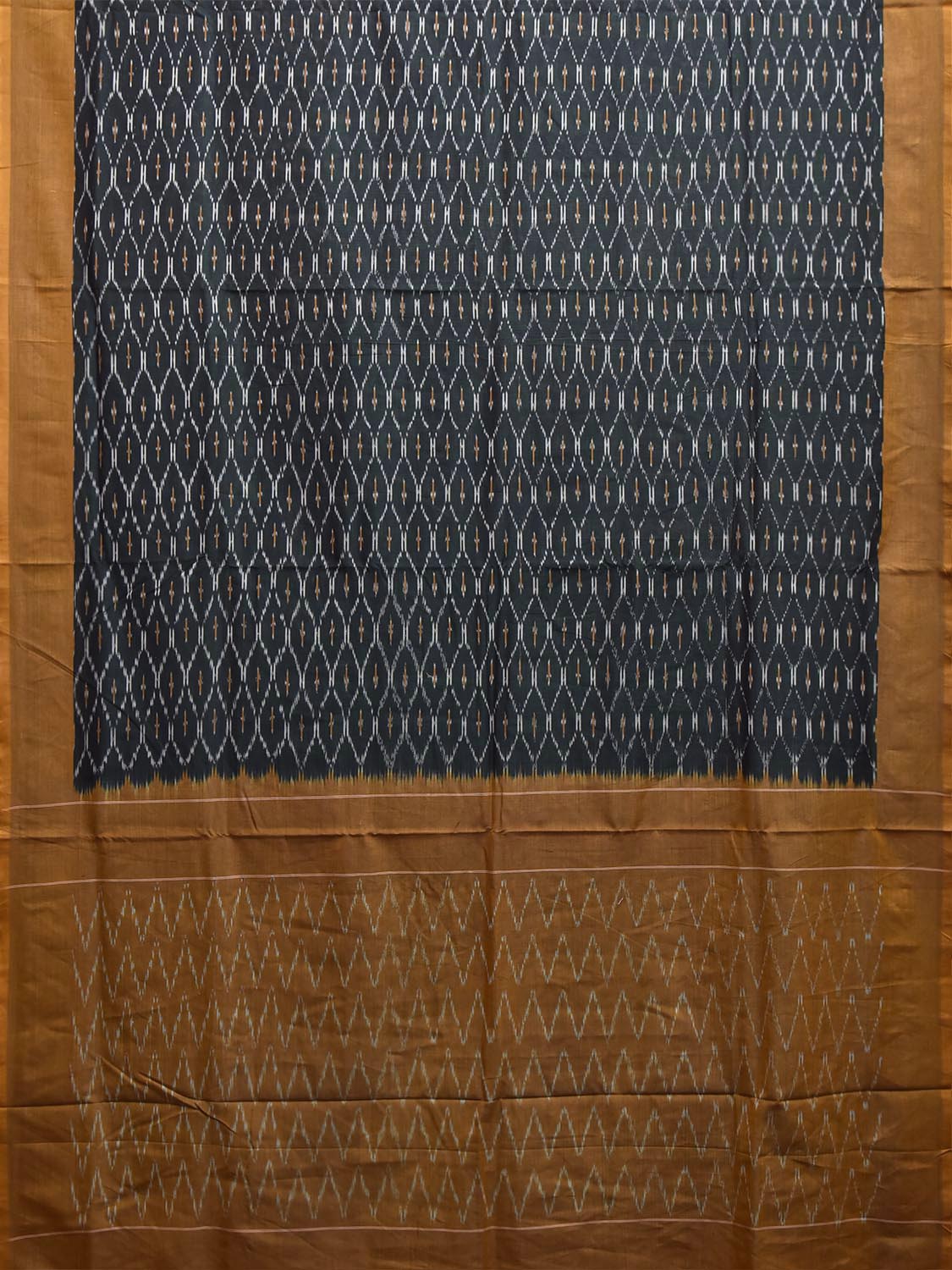 Dark Green and Yellow Pochampally Ikat Cotton Handloom Saree with All Over Grill and Zig-Zag Pallu Design No Blouse i1007