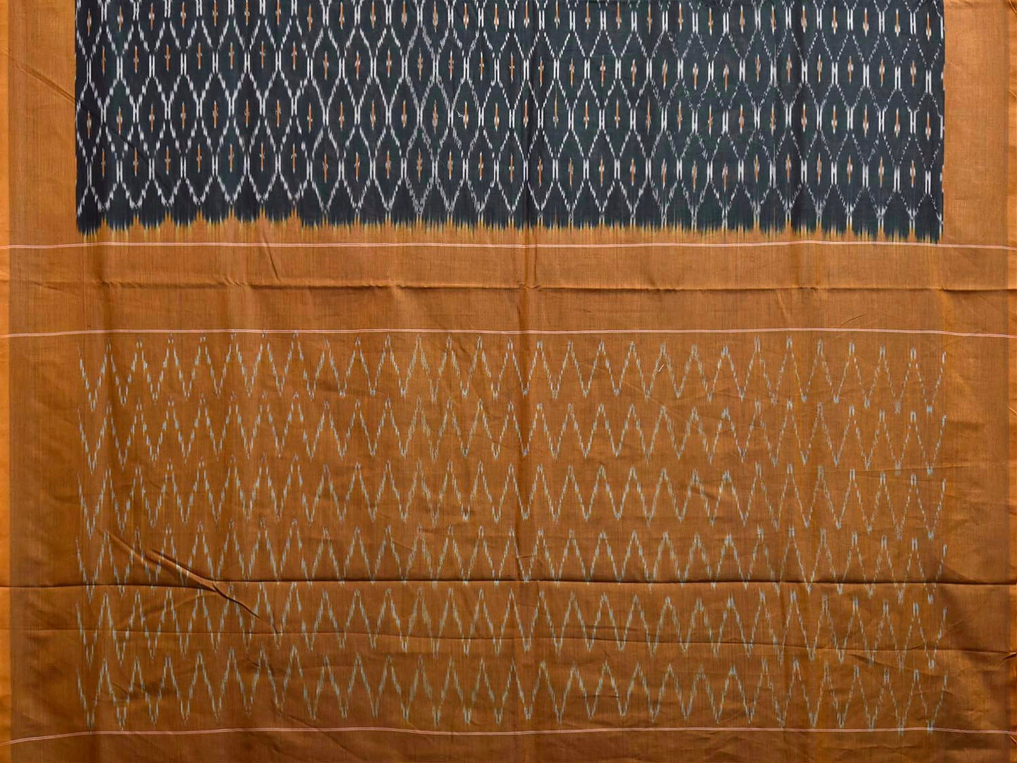 Dark Green and Yellow Pochampally Ikat Cotton Handloom Saree with All Over Grill and Zig-Zag Pallu Design No Blouse i1007