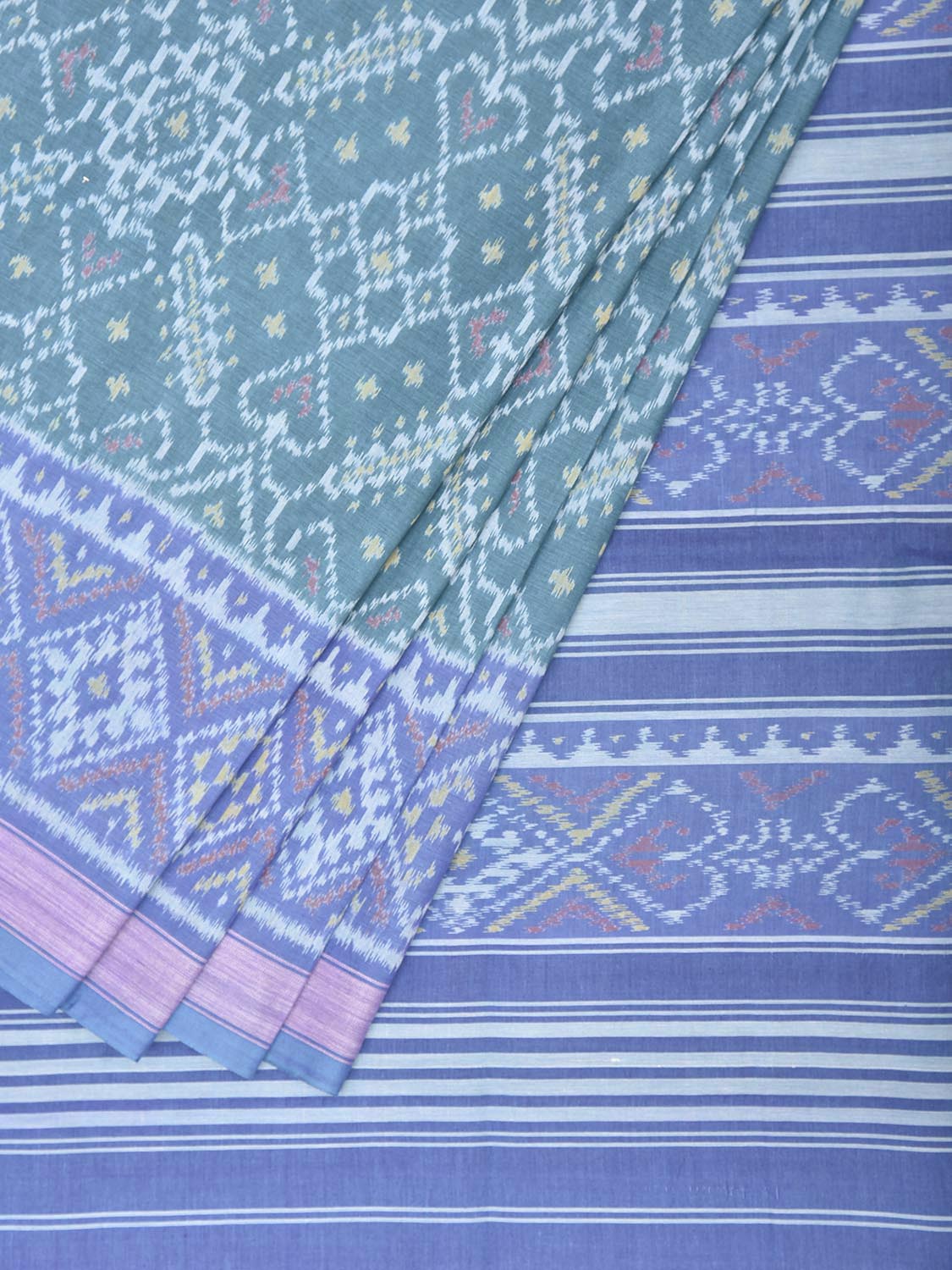 Teal and Lavender Ikat Cotton Handloom Saree with All Over Grill Design i1010