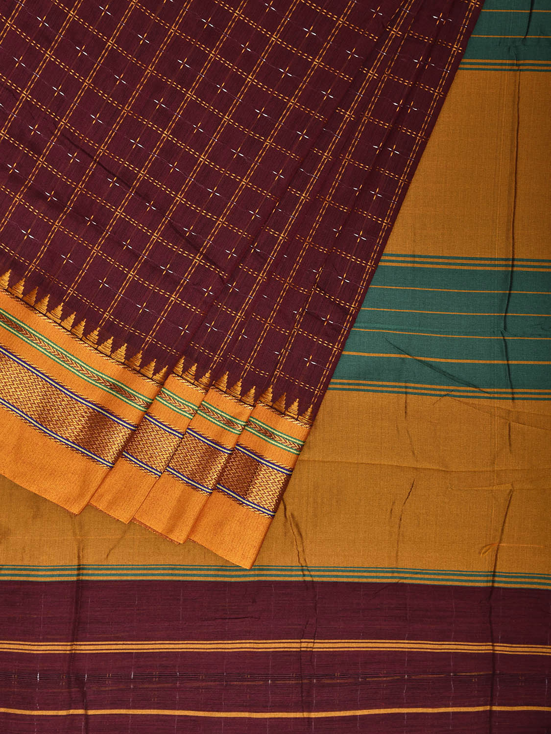 Maroon and Yellow ilkal Cotton Viscose Saree with Checks and Strips Pallu Design No Blouse il0001