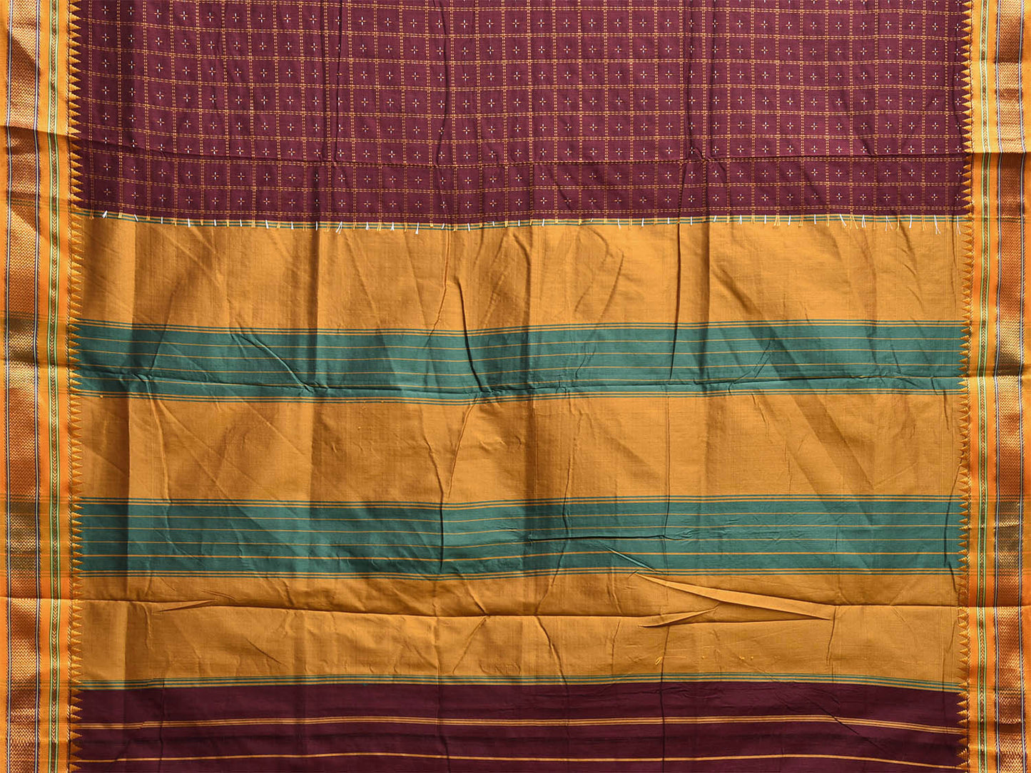 Maroon and Yellow ilkal Cotton Viscose Saree with Checks and Strips Pallu Design No Blouse il0001