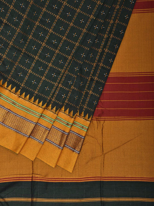 Green and Yellow ilkal Cotton Viscose Saree with Checks and Strips Pallu Design No Blouse il0002