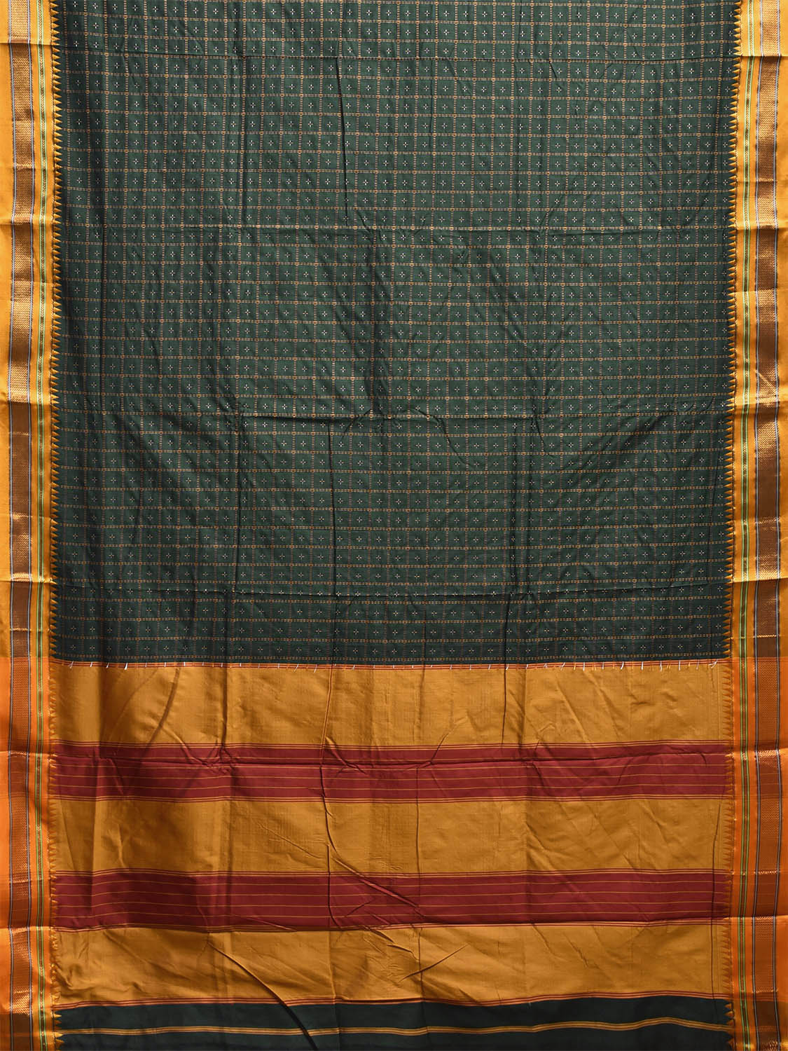 Green and Yellow ilkal Cotton Viscose Saree with Checks and Strips Pallu Design No Blouse il0002