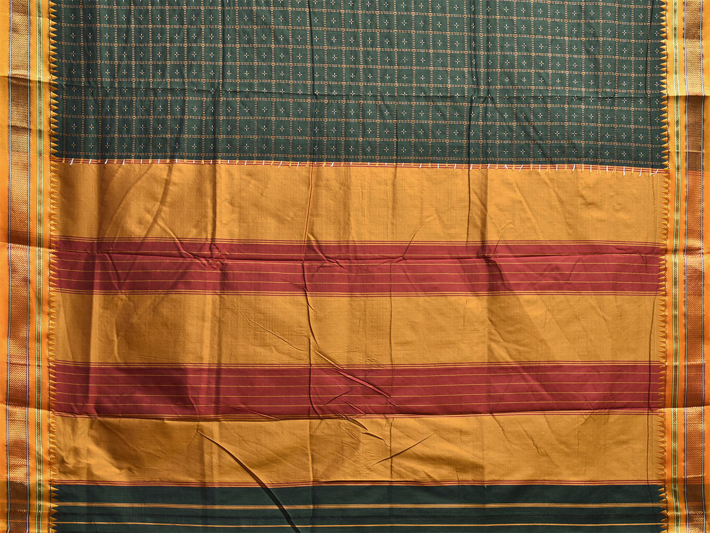 Green and Yellow ilkal Cotton Viscose Saree with Checks and Strips Pallu Design No Blouse il0002