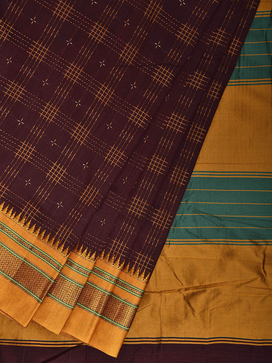Brown and Yellow ilkal Cotton Viscose Saree with Checks and Strips Pallu Design No Blouse il0003
