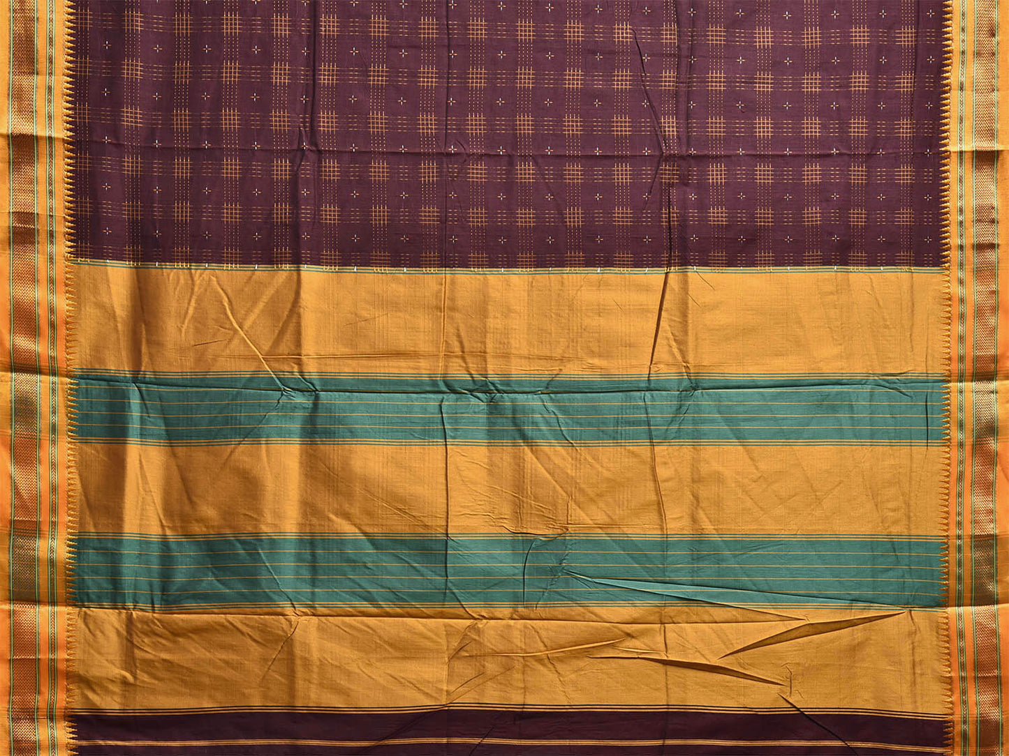 Brown and Yellow ilkal Cotton Viscose Saree with Checks and Strips Pallu Design No Blouse il0003