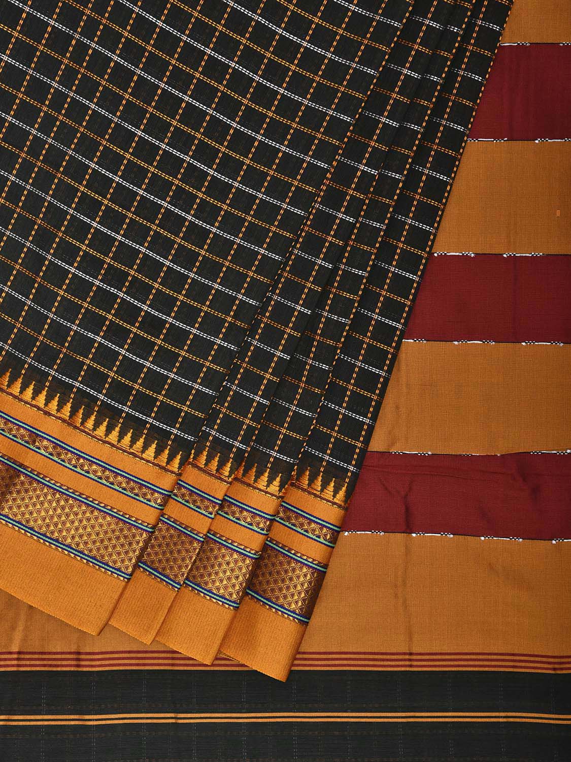 Dark Green and Yellow ilkal Cotton Viscose Saree with Checks and Strips Pallu Design No Blouse il0004