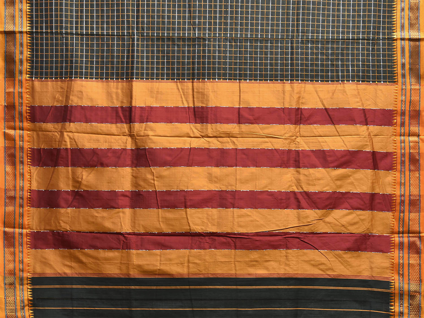 Dark Green and Yellow ilkal Cotton Viscose Saree with Checks and Strips Pallu Design No Blouse il0004