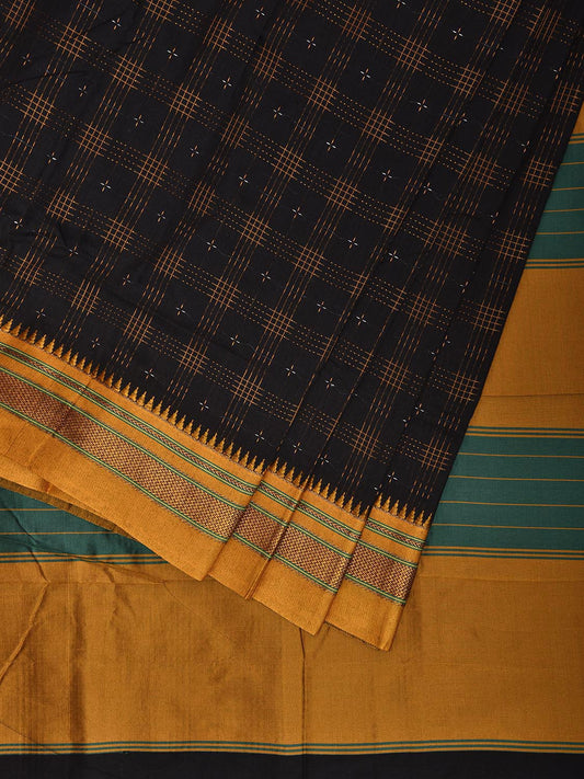 Black and Yellow ilkal Cotton Viscose Saree with Checks and Strips Pallu Design No Blouse il0005