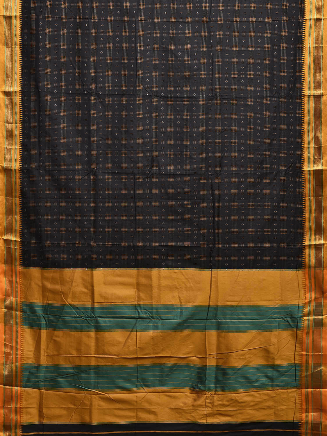 Black and Yellow ilkal Cotton Viscose Saree with Checks and Strips Pallu Design No Blouse il0005